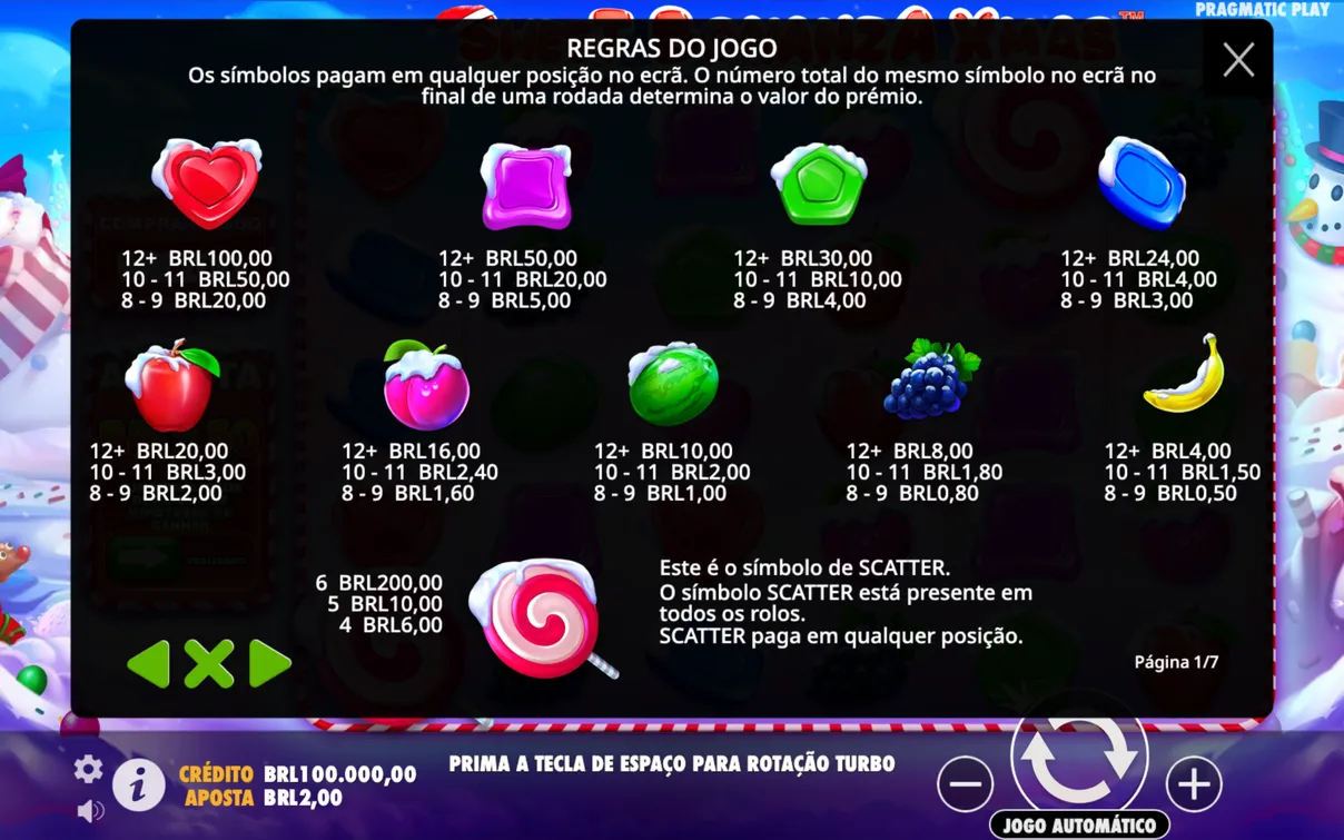 Cada s&iacute;mbolo tem seu pr&oacute;prio valor e pode trazer uma vit&oacute;ria se agrupar em um cluster de 8 ou mais imagens id&ecirc;nticas.